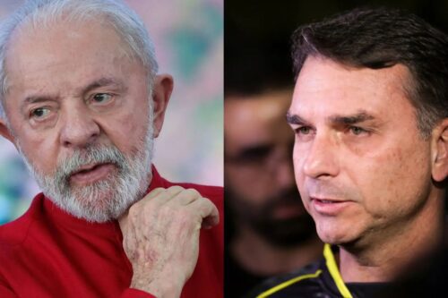 Montagem lado a lado mostrando, à esquerda, o presidente Luiz Inácio Lula da Silva com expressão séria e a mão no queixo; à direita, o senador Flávio Bolsonaro olhando para o lado durante uma entrevista.