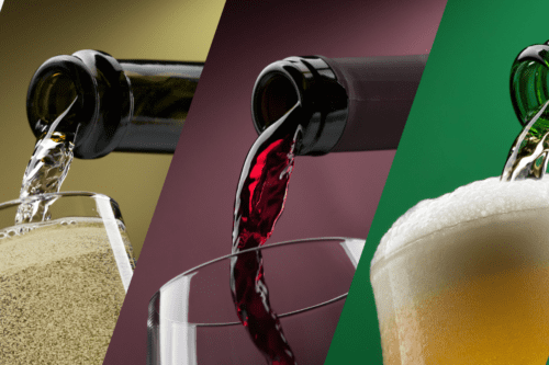 Imagem de diferentes tipos de vinho sendo servidos em taças, destacando a variedade de bebidas alcoólicas como espumante, tinto e cerveja artesanal.