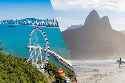 Montagem com fotos das cidades de Balneário Camboriú e Rio de Janeiro.