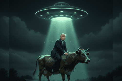 Uma ilustração surrealista gerada por inteligência artificial mostrando Donald Trump montado em uma vaca marrom sob o feixe de luz de um disco voador (OVNI) durante a noite.