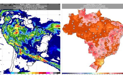 Composição de dois mapas meteorológicos do Brasil projetados pelo modelo COSMO do INMET para fevereiro de 2026.