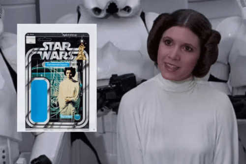 À direita, a Princesa Leia (Carrie Fisher) com seu icônico penteado de coques. À esquerda, uma sobreposição mostra a embalagem vintage de um boneco da Kenner da personagem Star Wars.