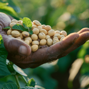 Close-up de uma mão de um trabalhador do campo, com pele madura e texturizada, segurando um punhado de grãos de soja dourados e limpos. Entre os grãos, destacam-se duas pequenas folhas verdes vibrantes. O fundo está desfocado, mostrando uma plantação de soja sob a luz suave do sol, simbolizando a colheita e o agronegócio.