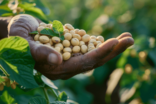 Close-up de uma mão de um trabalhador do campo, com pele madura e texturizada, segurando um punhado de grãos de soja dourados e limpos. Entre os grãos, destacam-se duas pequenas folhas verdes vibrantes. O fundo está desfocado, mostrando uma plantação de soja sob a luz suave do sol, simbolizando a colheita e o agronegócio.