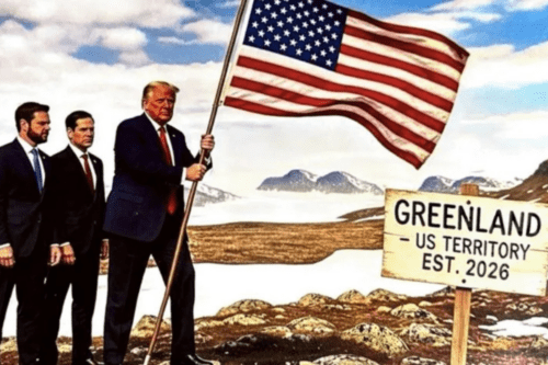 Trump posta montagem de IA em que finca bandeira dos EUA na Groenlândia.