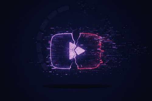 Imagem digital com efeito de destruição e fragmentação do logo do YouTube.