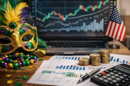 Máscara de Carnaval ao lado de gráficos financeiros, moedas empilhadas, calculadora e tela com mercado ao fundo.