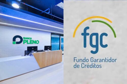 Recepção do Banco Pleno ao lado do logo do FGC, destacando garantia a investidores após liquidação.