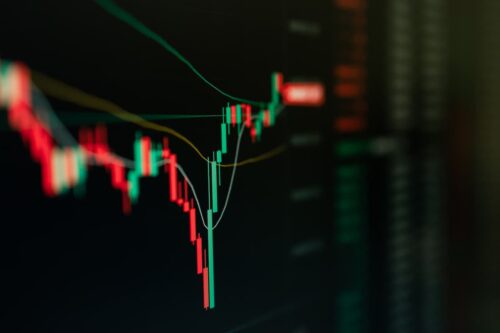 Gráfico de mercado financeiro com velas de alta e baixa indicando volatilidade na Bolsa de Valores.