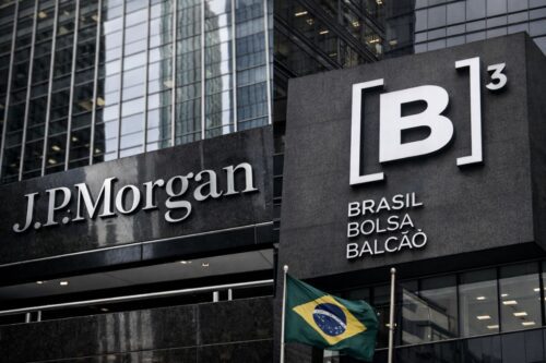 Fachada do JPMorgan e da B3, a bolsa de valores brasileira. Imagem gerada por Inteligência Artificial