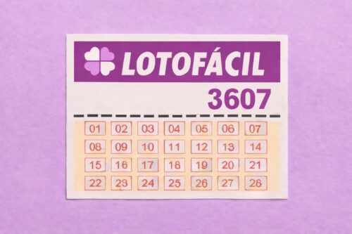 Cartela da Lotofácil concurso 3607 com números de 01 a 28 em fundo roxo.