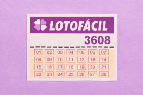 Cartela da Lotofácil concurso 3608 com números de 01 a 28 em destaque sobre fundo roxo.