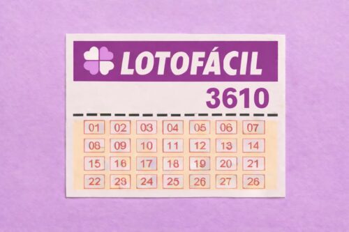 Cartão da Lotofácil concurso 3610 com grade de dezenas numeradas sobre fundo roxo.