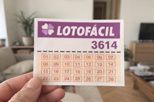 Mão segurando volante da Lotofácil 3614 com números em grade, em ambiente residencial ao fundo.