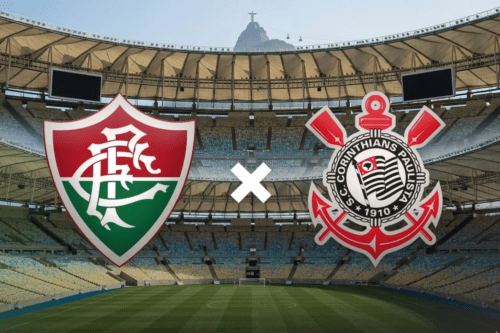 Arte gráfica de pré-jogo entre Fluminense e Corinthians. Ao centro, os escudos dos dois times separados por um "X" branco, com o Estádio do Maracanã ao fundo sob a vista do Cristo Redentor.