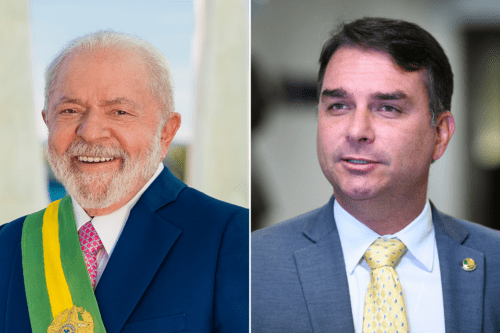 Montagem com a foto dos candidatos Luiz Inácio Lula da Silva e Flávio Bolsonaro.