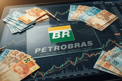 Logotipo da Petrobras exibido em um tablet ao lado de notas de dinheiro.
