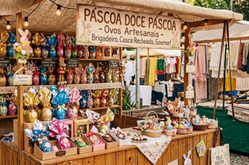 Uma barraca de feira ao ar livre com telhado de palha, repleta de ovos de Páscoa artesanais e coelhinhos de pelúcia.