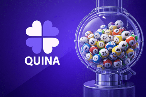 Imagem de uma máquina de loteria com bolas numeradas coloridas ao lado do logo da Quina, loteria brasileira popular.