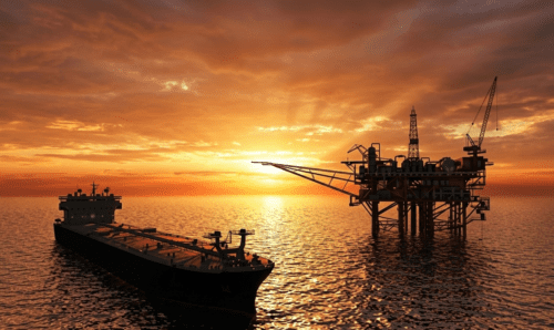 Navio petroleiro de grande porte navegando em mar aberto sob luz natural, ilustrando o mercado global de commodities e o novo programa de seguro de petroleiros de US$ 20 bilhões do governo Trump.