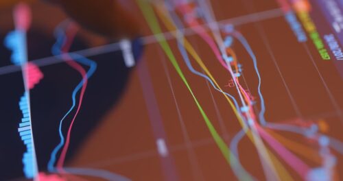 Gráficos financeiros coloridos em tela digital, conceito de planejamento e agenda da semana.