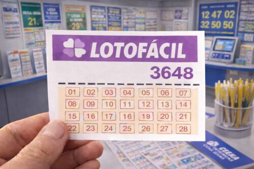 Cartela de Lotofácil 3648 em lotérica brasileira.