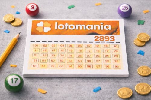 Bilhete Lotomania 2893 sobre mesa cinza com bolas numeradas, moedas e lápis ao redor.