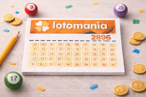 Cartela da Lotomania com números marcados sobre mesa, cercada por bolas de bingo coloridas, moedas douradas e lápis.