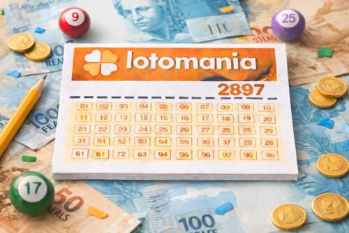 Cartela da Lotomania sobre cédulas de real, com bolas de bingo, moedas e lápis ao redor, representando aposta em loteria.