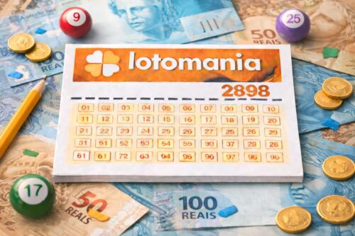 Cartela da Lotomania 2898 sobre notas de real, moedas e bolas de sorteio, representando aposta e prêmio de loteria.