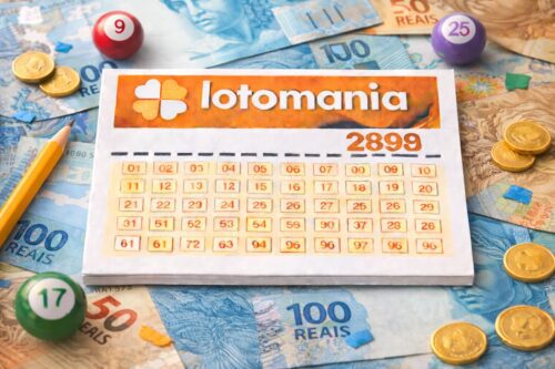 Cartela da Lotomania 2899 sobre notas de real, com moedas, lápis e bolas de bingo ao redor, representando aposta em loteria.