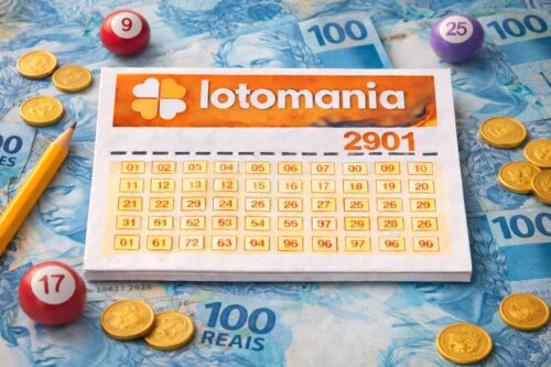 Cartão Lotomania 2901 sobre notas de 100 reais, com moedas e bolas de sorteio ao redor em fundo azul.
