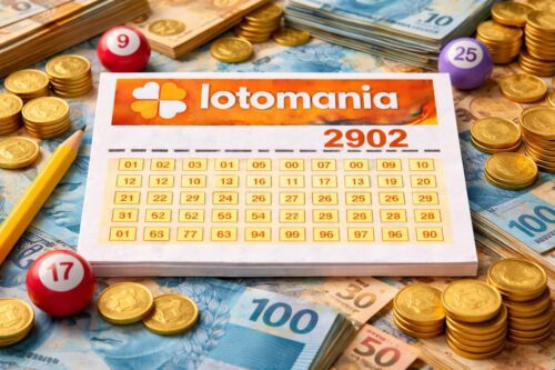 Imagem de uma cartela de Lotomania 2902 com números, rodeada por pilhas de moedas de ouro, notas de dinheiro e bolas de bingo numeradas, representando jogos de azar e apostas.