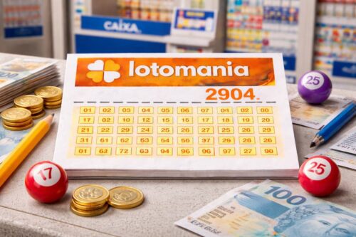Cartela de loteria Lotomania 2904 com números variados, ao lado de moedas, uma caneta e uma cédula de dinheiro, em ambiente de loteria.