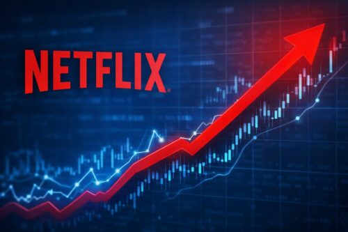 Logo da Netflix sobre gráfico financeiro com seta vermelha apontando para cima, indicando crescimento das ações da empresa.
