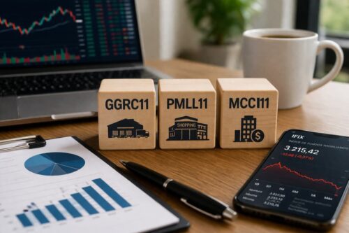 Mesa com cubos de FIIs, laptop e celular com gráficos positivos, além de relatório financeiro e café ao fundo, representando os FIIS GGRC11, PMLL11 e MCC11.