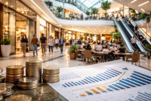 Interior de shopping movimentado com pessoas circulando, escadas rolantes e lojas, com moedas e gráfico financeiro em primeiro plano.