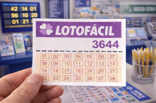 Boleto de loteria LOTOFÁCIL 3644, sendo apoiado por uma mão, em uma casa de apostas, ao fundo uma máquina de apostas e bilhetes.