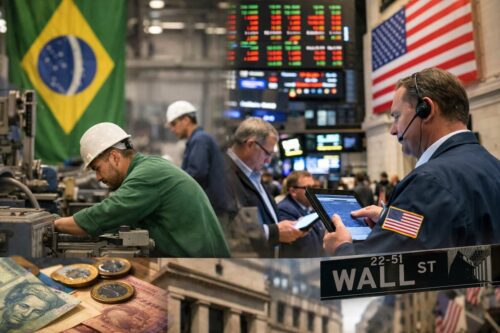 Cena dividida com mercado financeiro dos EUA e indústria no Brasil, destacando emprego e economia global em foco.