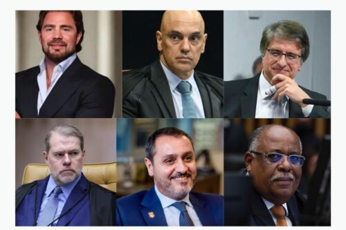 Montagem com o empresário Daniel Vorcaro e autoridades brasileiras: Alexandre de Moraes, Dias Toffoli, Andrei Rodrigues, Paulo Gonet e Benedito Gonçalves.