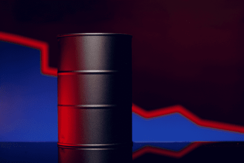 Imagem de um tambor de óleo preto com fundo azul escuro e linhas vermelhas, simbolizando questões relacionadas a petróleo, energia ou economia.