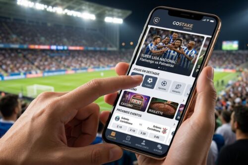 Foto em close das mãos de uma pessoa segurando um smartphone moderno. Na tela do celular, é exibido um aplicativo de apostas esportivas com interface escura, mostrando odds de futebol e opções de cassino.