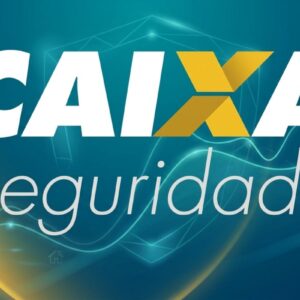 Logotipo da "CAIXA Seguridade" em letras brancas sobre um fundo azul-turquesa com grafismos de linhas fluidas e brilhantes.