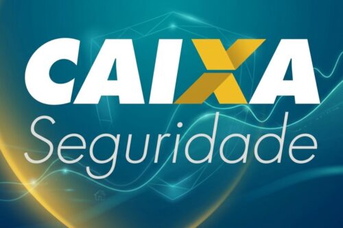 Logotipo da "CAIXA Seguridade" em letras brancas sobre um fundo azul-turquesa com grafismos de linhas fluidas e brilhantes.
