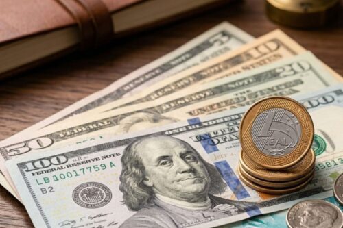 Notas de dólar americano (incluindo notas de 100, 50 e 20) espalhadas sobre uma mesa de madeira escura.