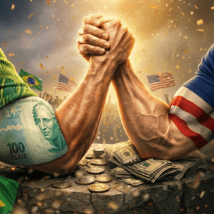 Homens participando de uma competição de força no braço, com moedas e dinheiro de um lado, e bandeiras do Brasil, Estados Unidos e outros países ao fundo, simbolizando a rivalidade econômica global.
