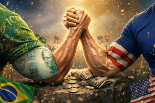 Homens participando de uma competição de força no braço, com moedas e dinheiro de um lado, e bandeiras do Brasil, Estados Unidos e outros países ao fundo, simbolizando a rivalidade econômica global.