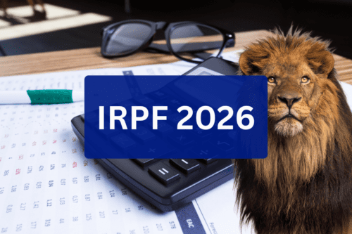 Montagem com contas e o Leão da Receita simbolizando o IRPF 2026.