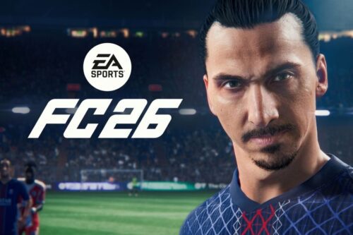 Arte conceitual do jogo EA Sports FC 26 apresentando um close-up detalhado do jogador de futebol Zlatan Ibrahimović.
