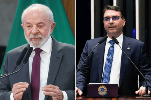 Montagem com fotos de Lula e Flávio Bolsonaro.